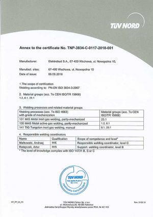 Annex to the certificate No. TNP-3834-C-0117-2018-001