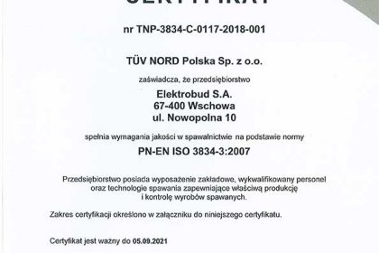 Certyfikat nr TNP-3834-C-0117-2018-001